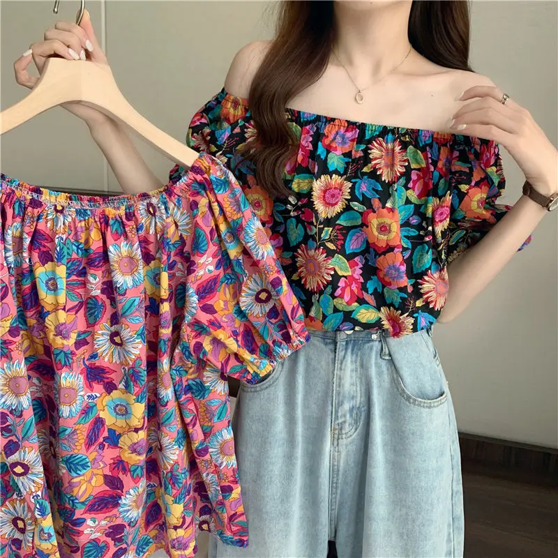 Blouses Women Sexy Off Shoulder Slash Neck Retros Floral Loose Casual Short Puff Sleeve Korean Style All-match Chic Backless Ins