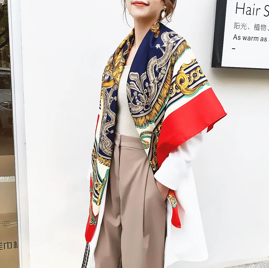 Europe 130cm Hot Sale Fashion Roman Time and Space Chain Madam Twill Large Square Scarf Tourism Decoration Shawl Silk Scarf