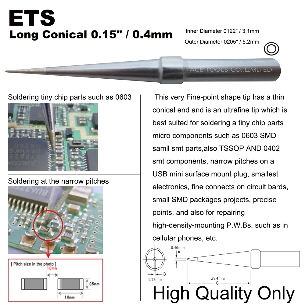 Soldering Tip ETS Conical 0.4mm Fit WELLER WES51 WES50 WESD51 WE1010NA WE1010EU  PES51 PES50 LR21 LR20 Pencil Handle Iron Bit