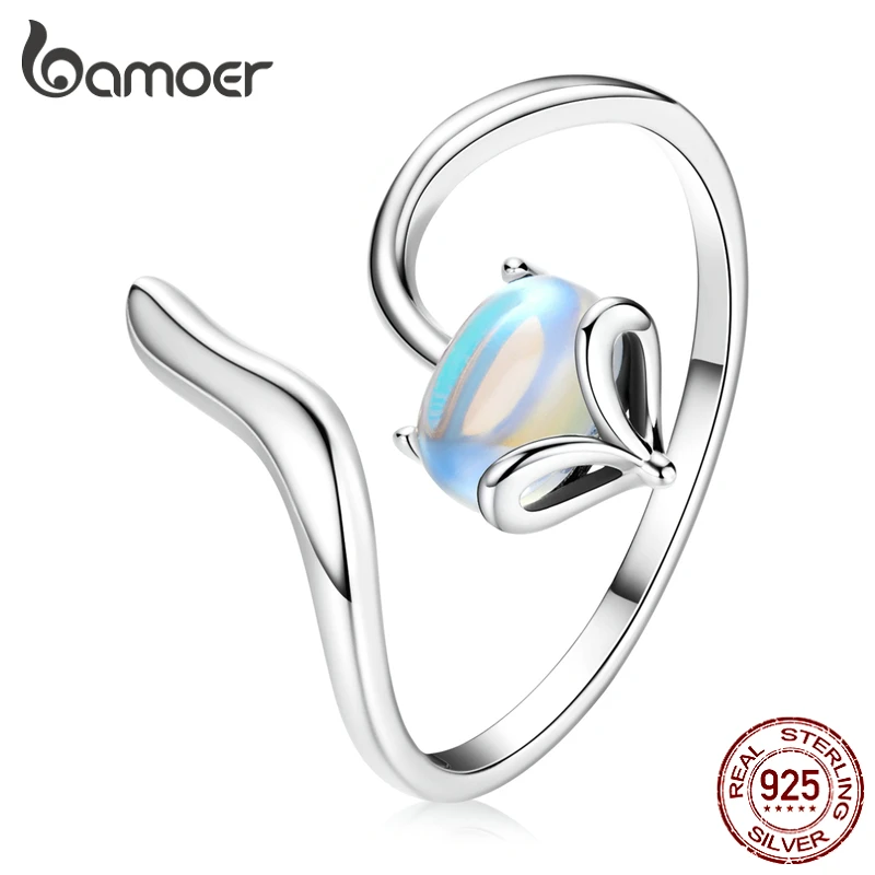 bamoer Moonstone Adjustable Ring 925 Sterling Silver Fox Shape Design Silver Ring for Women Unique & Fine Jewelry Gift