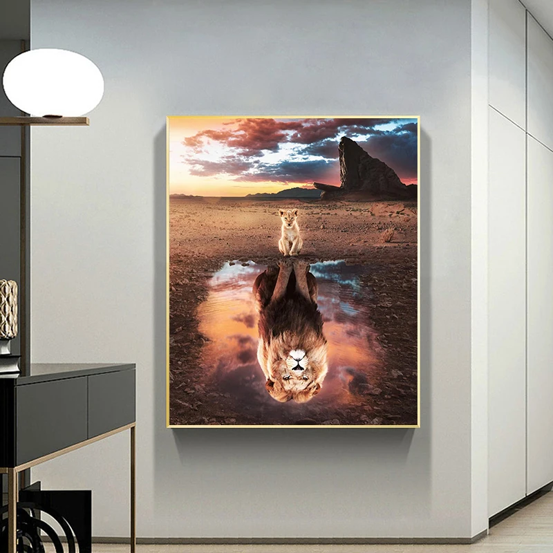 African Lion Cubs Sunset Inverted Wild Animal Canvas Art Painting Posters and Prints Cuadros Wall Art Picture for Living Room