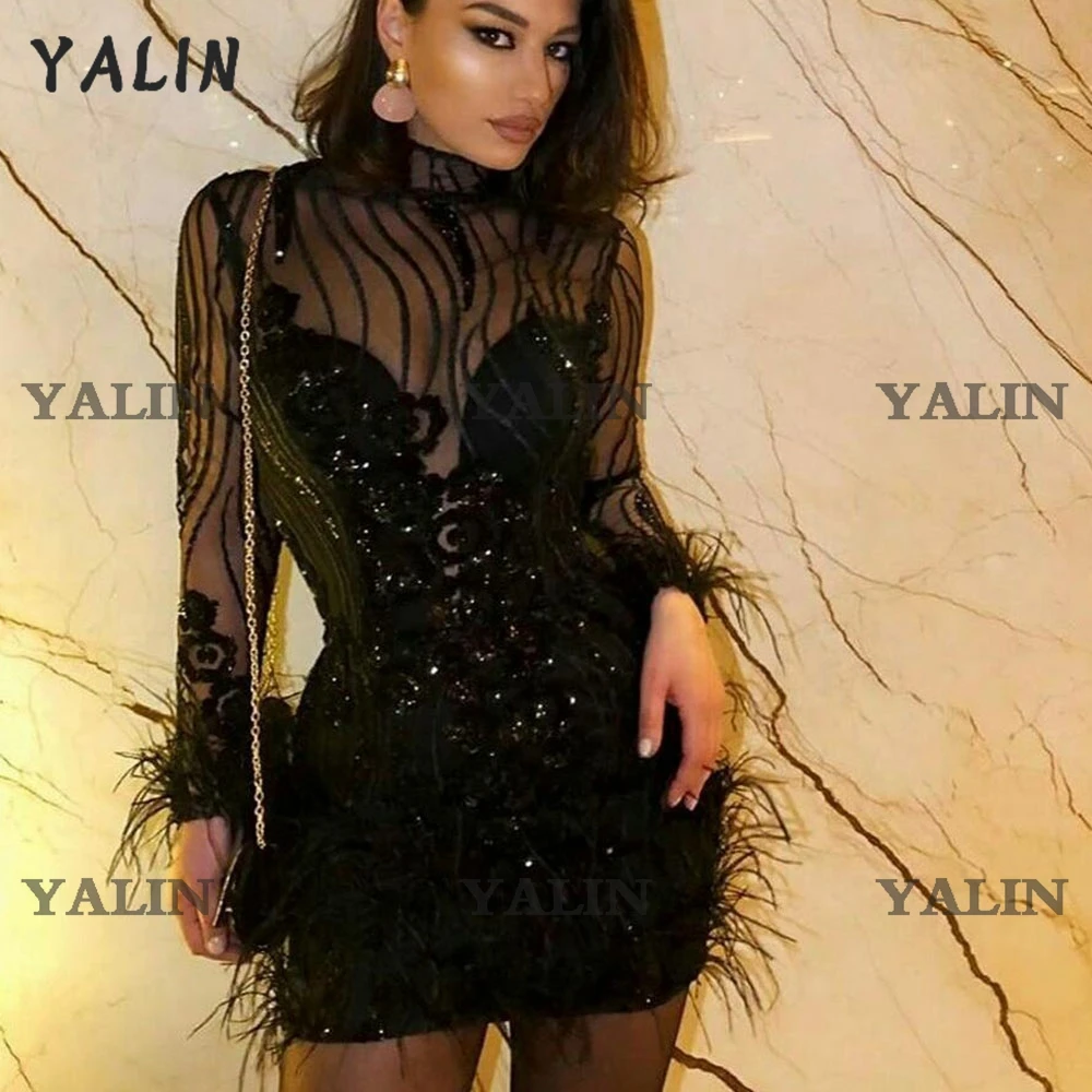 Customized Black Long Sleeve Cocktail Dresses High Neck Sheath Lace Sequins Short Party Gown Feather Prom Formal Occasion