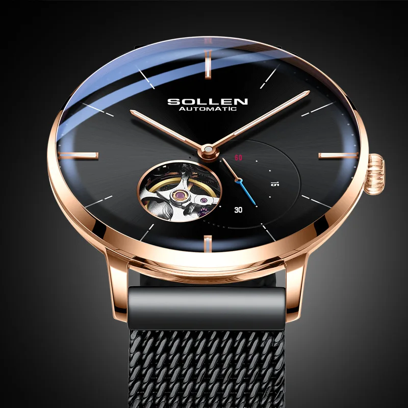 Automatic SOLLEN New Luxury Men Mechanical hollow Wristwatch Stainless Steel GMT Watch Top Brand Men Watches reloj hombre