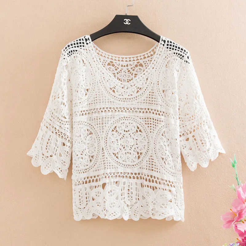 Handmake sweater summer knitted hollow crocheted small shawl blouse women\'s pullover blouse small fresh with suspender dress