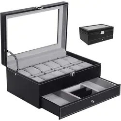 new Fashion Double Layer 12 Detachable Slot Watch Organizer Jewelry Storage Box Collection Case Faux Leather Watch Box with Glas