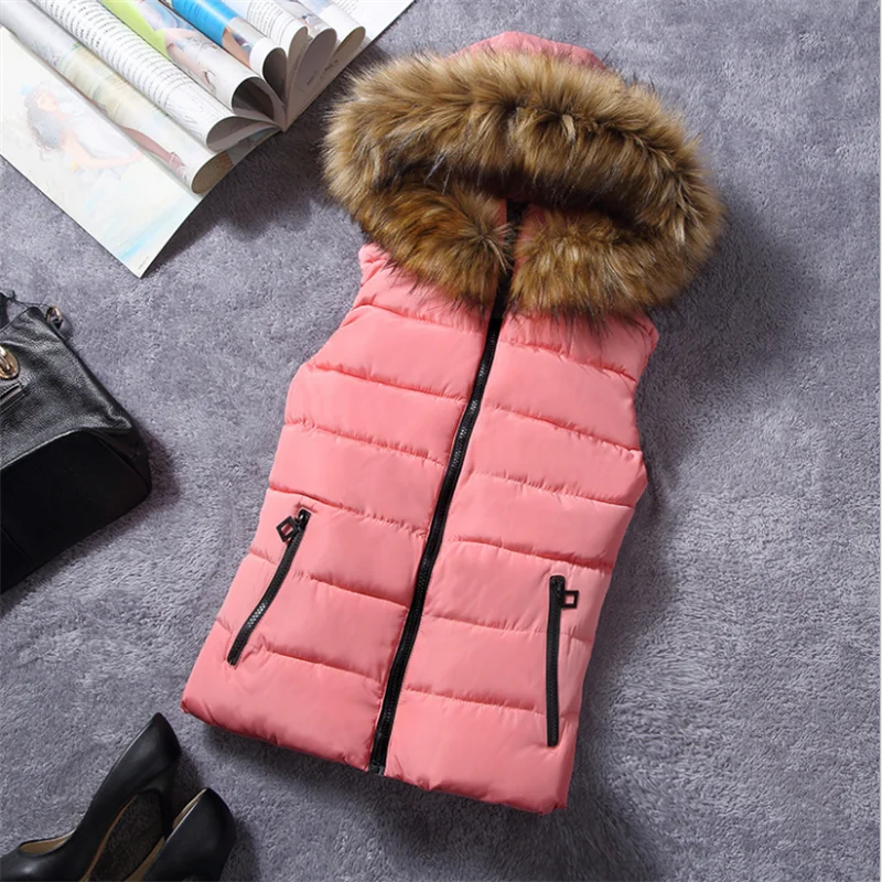 Women Autumn Winter Vest Hooded Fur Collar Sleeveless Zipper Pocket Casual Waistcoat Slim Waist Plus Size Big