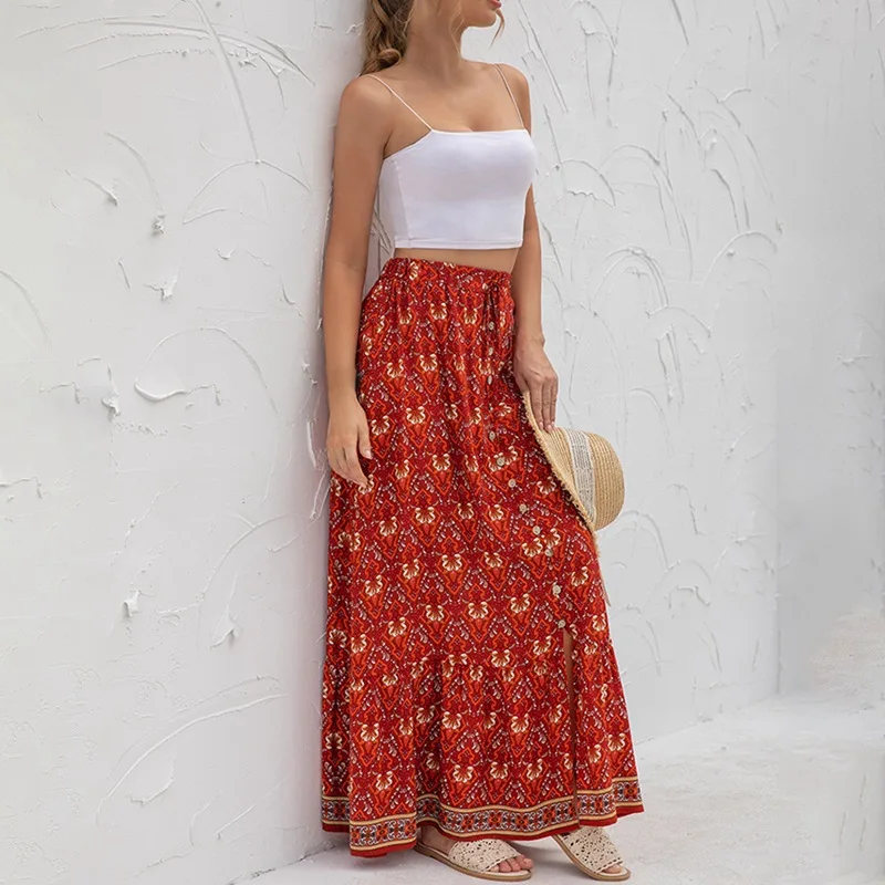 Summer Women New Style European And American Ethnic Style Long Slim Printed Lace-Up Skirt