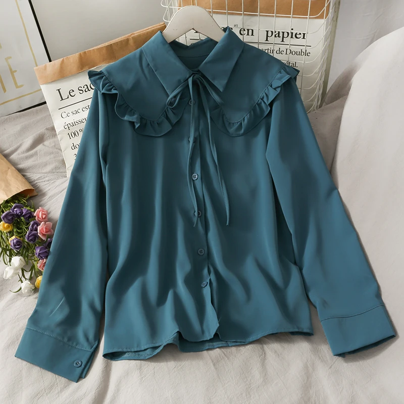 Shirts Women Long Sleeve Kawaii Peter Pan Collar Solid All-match Trendy Elegant Sweet Ruffles Casual Single Breasted Ulzzang New