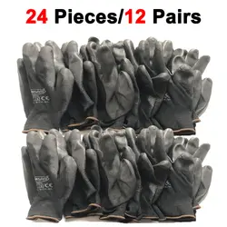 24Pieces/12 Pairs Industrial Protective Work Safety Gloves Black Pu Nylon Cotton Glove with Garden NMSafety Brand All Sizes