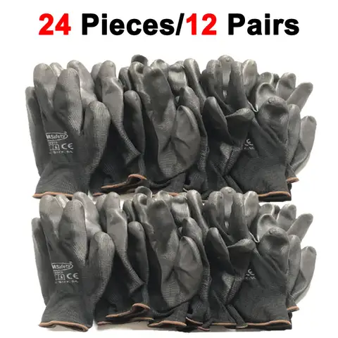 24Pieces/12 쌍 산업 보호 작업 안전 장갑 정원 NMSafety 브랜드 모든 크기와 검은 Pu 나일론 면 장갑