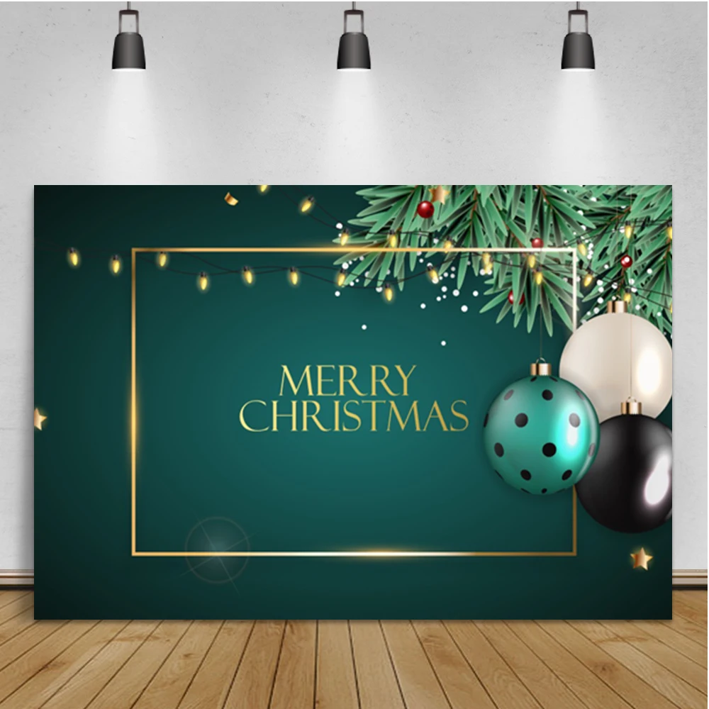 Laeacco Merry Christmas Green Background Balls Branches Baby Birthday Banner Custom Photographic Photo Backdrop For Photo Studio