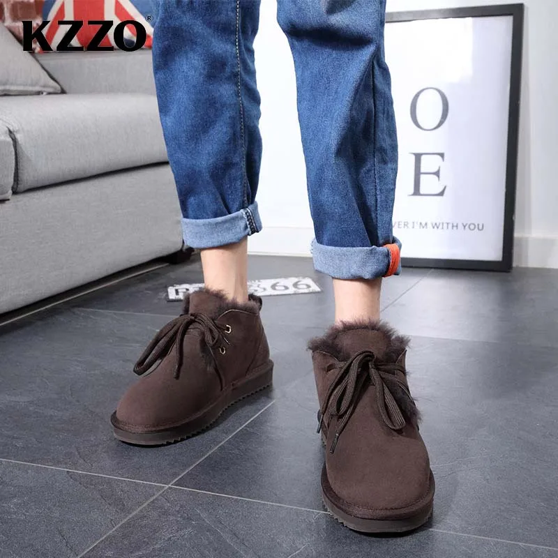 KZZO Real Natural Sheepskin Suede Leather Ankle Snow Boots For Men Shearling Lined Winter Warm Non-slip Lace-up Wool Fur Shoes