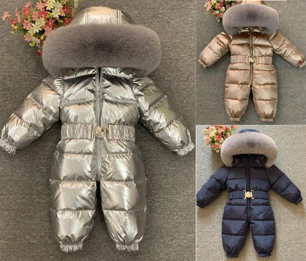 

Winter Newborn Thick Climbing Clothing Natural Fox Fur Collar Baby boy girl Down Jumpsuit 0-4t