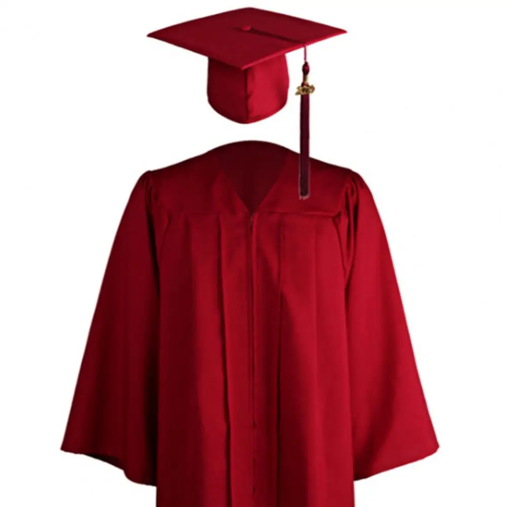 2023 Graduation Gown Solid Color Zipper Closure Unisex V Neck Pleated Robe Hat Set University Academic Graduation Gown