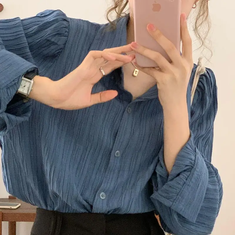 Women Shirts Spring Autumn Office Ladies Chic Fashion Solid Pleated Casual Loose Long Sleeve Ulzzang Elegant Single Breasted Ins