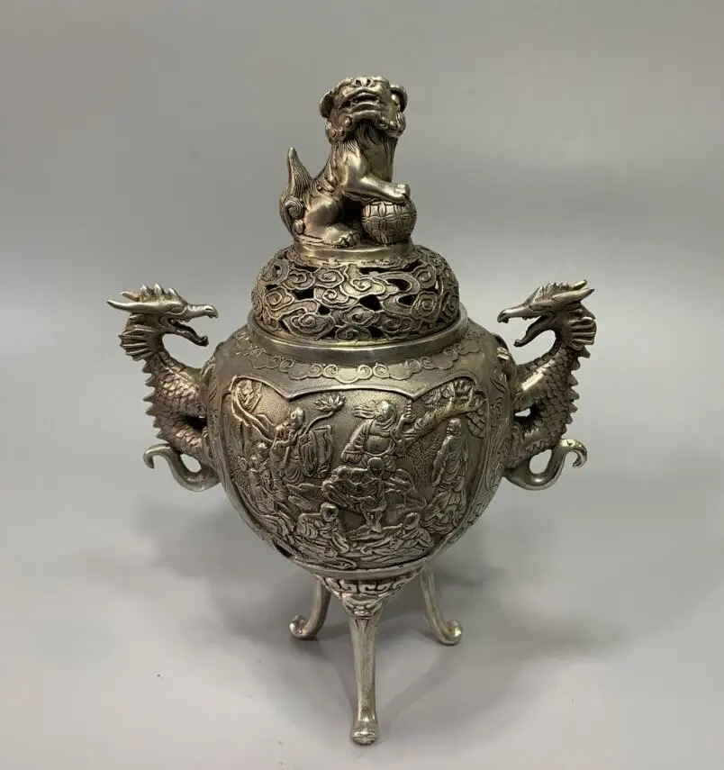 

Archaize White copper double dragon lion lid eight immortals Incense burner household decoration crafts statue