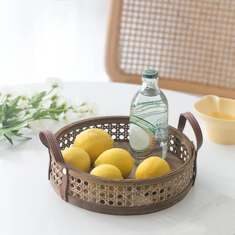 Rattan Storage Basket Round Bread Snack Dessert Fruit Cake Living Room Storage Box Sundries Placing Tray Home Desktop Organizer