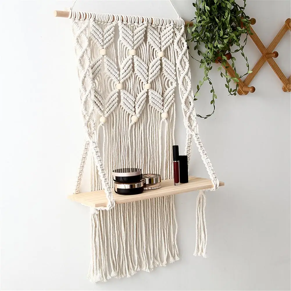 Bohemian Style Natural Cotton Rope Tapestry Shelf Cotton Rope Wall Hanging Decoration Shelf For Living Room Bedroom