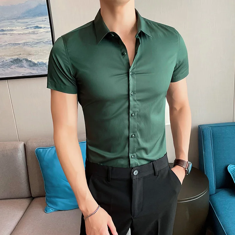 

New Summer Slim and Tight Design White Black Green Blue Button Short Sleeve Shirts
