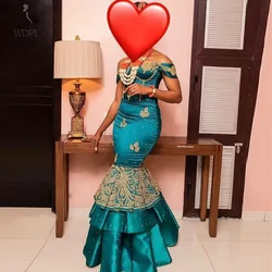 Teal Mermaid Off the Shoulder Evening Dresses African Lace Beaded Prom Gowns 2025 Aso Ebi Style Women Formal Dress Plus Size