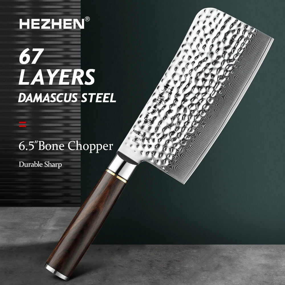 HEZHEN Classic Series 6.5 Inches Damascus Steel Bone Chopper Knife Premium Ebony Handle Japanese Cook Knife For Kitchen Knives