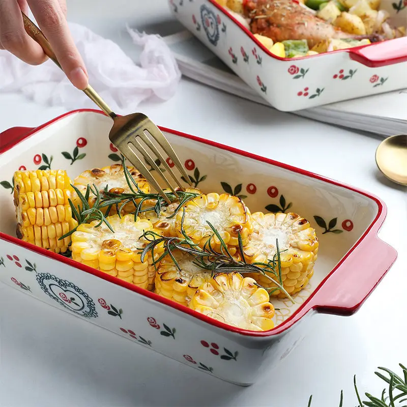 Cherry Baking Pan Ceramic Dish Creative Household Large Double Ear Baking Bowl Baked Rice Bowls Rectangular Plate Japanese-style