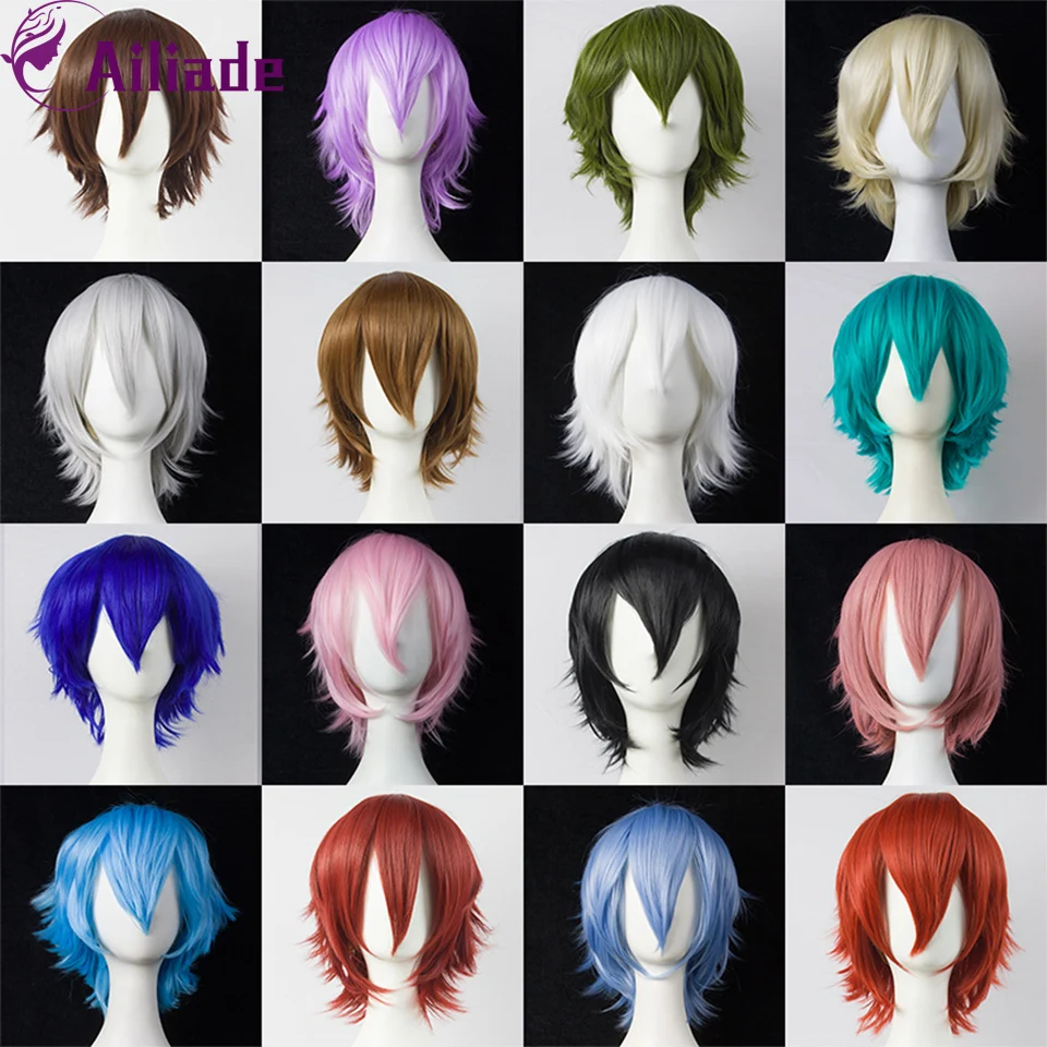 AILIADE สังเคราะห์สั้นตรง Wigs กับ Bangs สูงอุณหภูมิความต้านทาน Anime Party เครื่องแต่งกาย Cosplay วิกผมสำหรับผู้ชายและผู้หญิง