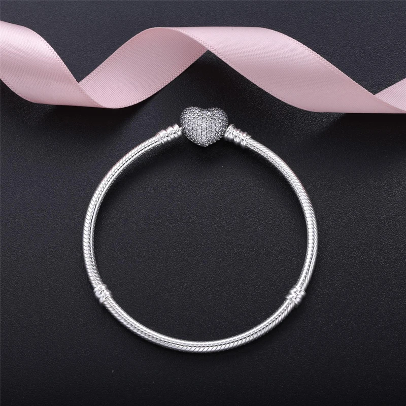 Big Sale Fine DIY Bracelet Bangle for women Original 100% 925 Sterling Silver Heart Clasp Snake Chain Fit Bead Bracelet Jewelry