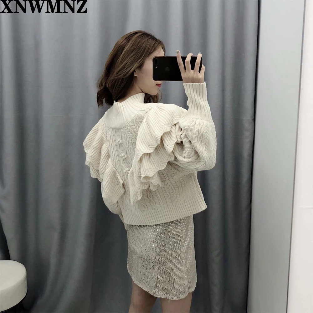 XNWMNZ 2024 Women Fashion Ruffled Cropped Knitted Sweater Vintage High Neck Lantern Sleeve Female Pullovers Chic Tops