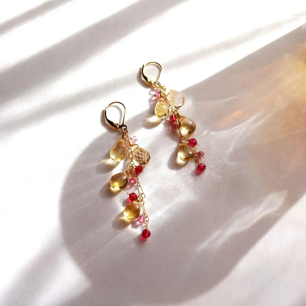 Lii Ji Citrine Pink Tourmaline Earrings Handmade 925 Sterling Silver 18K Gold Color Long Tassel Earrings For Women Gift