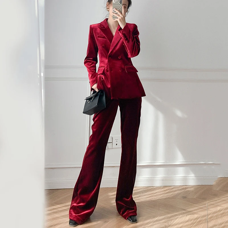 Red Velvet Blazer Peaked Lapel V Neck High Quality Double Breasted Suits Loose Office Lady Daily Casul Party Wear Jacket