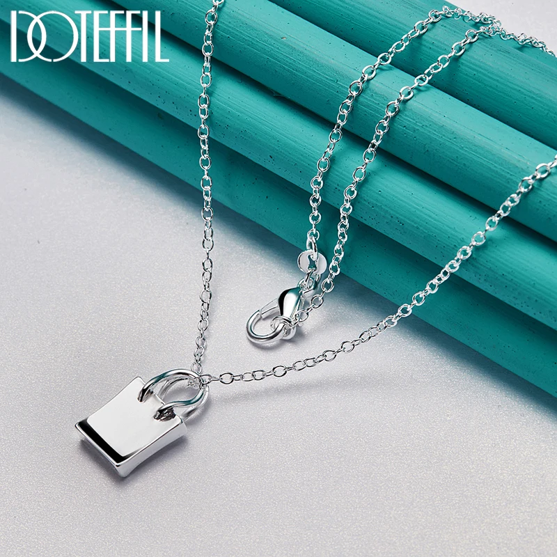 DOTEFFIL 925 Sterling Silver Square Lock Pendant Necklace 18-30 Inch Chain For Women Man Wedding Fashion Jewelry