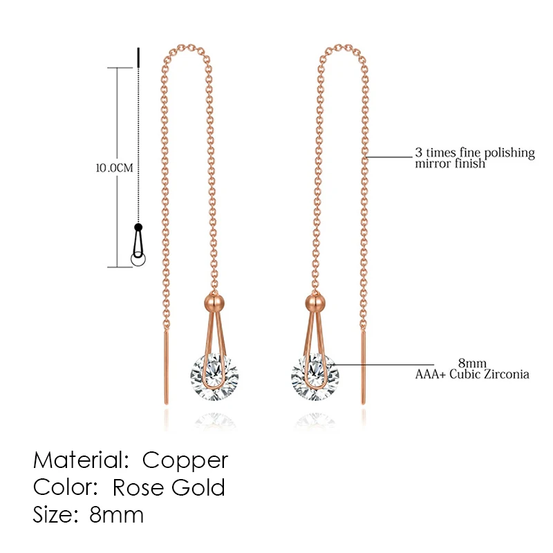 2 Carat AAA+Cubic Zirconia Drop/Dangle Line Earrings Rose Gold Color Silver Color Long Chain Ear Jewelry For Women E684