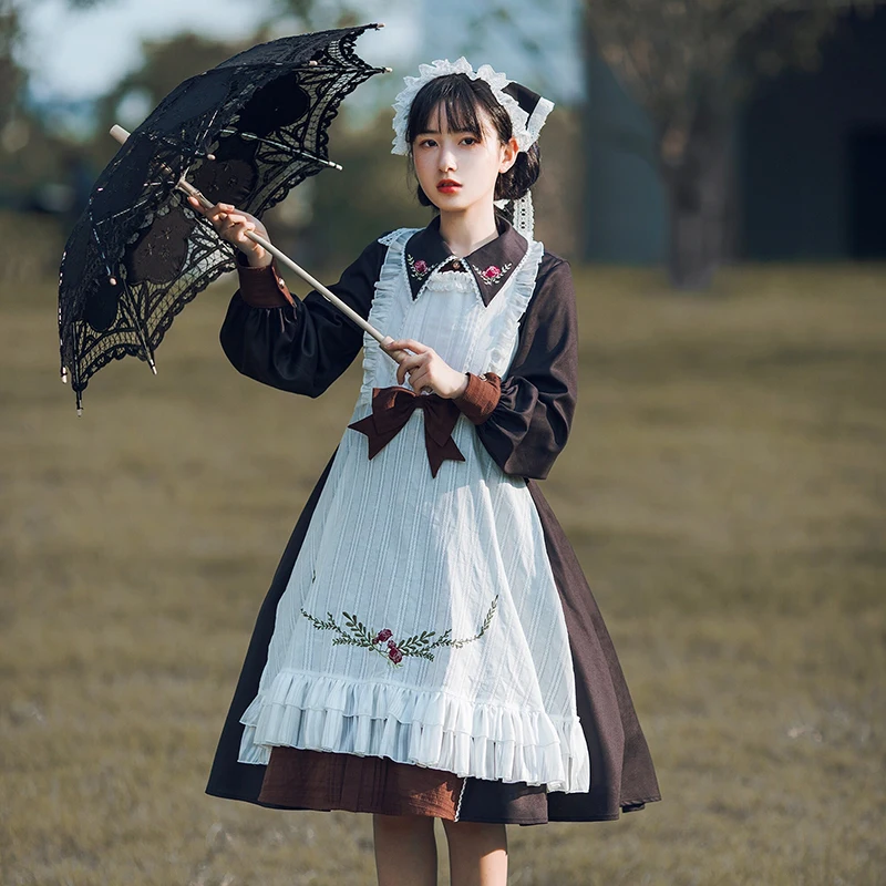 

Sweet lolita dress retro rose palace princess embroidery with apron high waist victorian dress kawaii girl lolita op loli cos