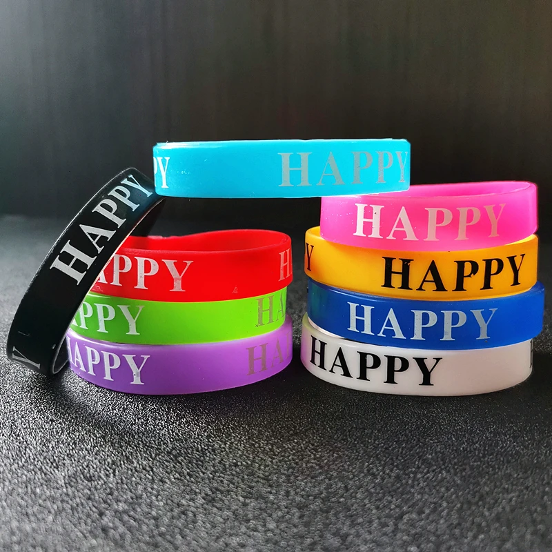 20PCS Lot Multi Night Glowing Shining Silicone Wristband Print Letter Happy Bracelets Fitness Sport Bangles Birthday Party Gifts