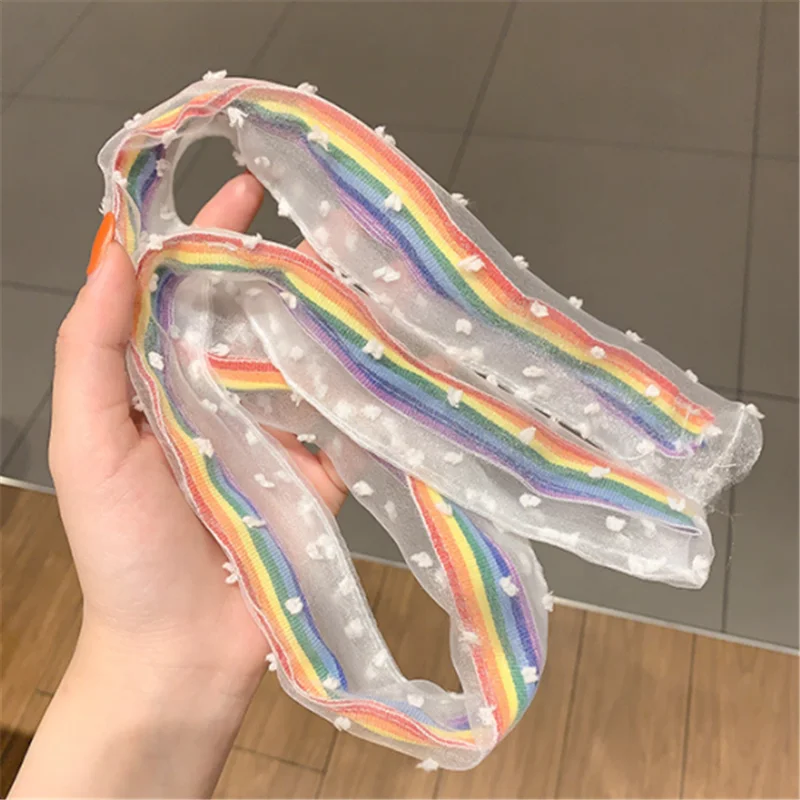 Girls Rainbow Net Yarn Scarf Headwear Cute Ear Rabbit Metal Wire DIY Bow Headband kids Twist Hair Bands Girls Hair Accessories