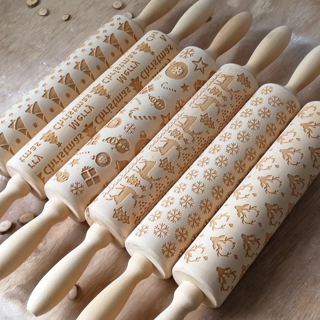 

Wooden Carved Christmas Embossing Rolling Pin Reindeer Snowflake Pattern Engraved Roller Baking Cookies Fondant Cake Decorations