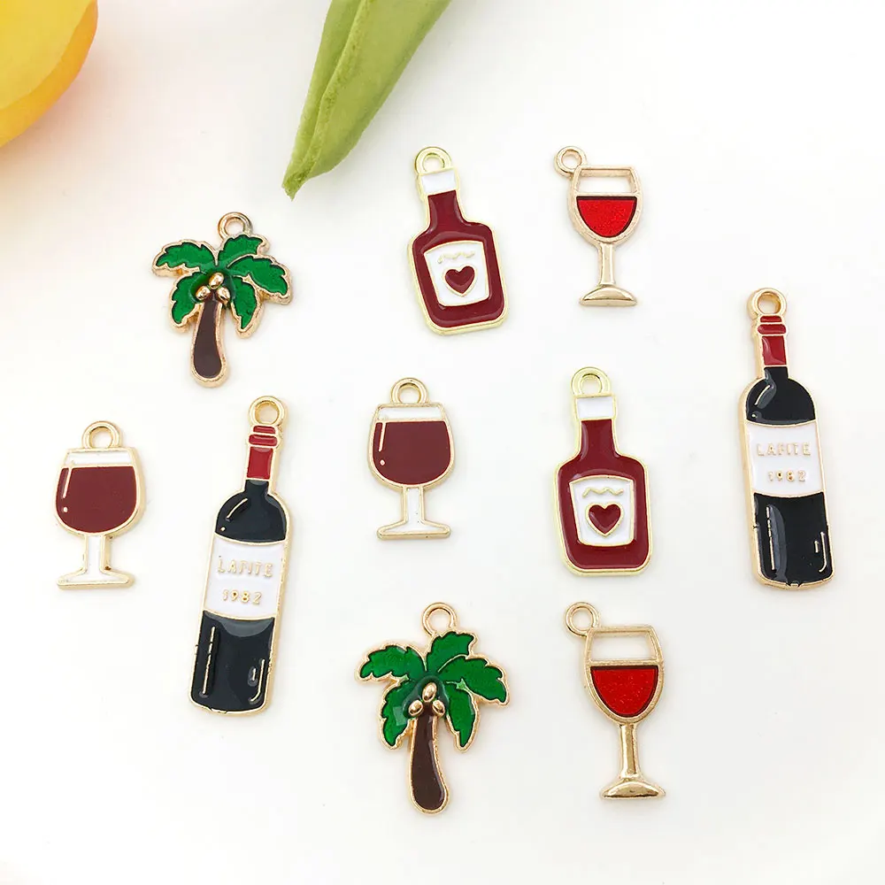 10pcs 5 Sizes Enamel Gold Plated Charms Alloy Wine Bottle Glass Markers Pendant for DIY Necklace Bracelet Glass Markers Making