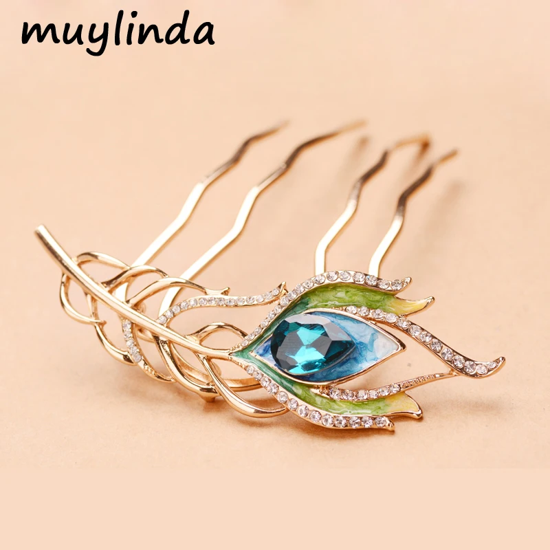 muylinda Rhinestone Crystal Feather Leaf Metal Hair Comb Jewelry Ladies Fashion Hair Accessories