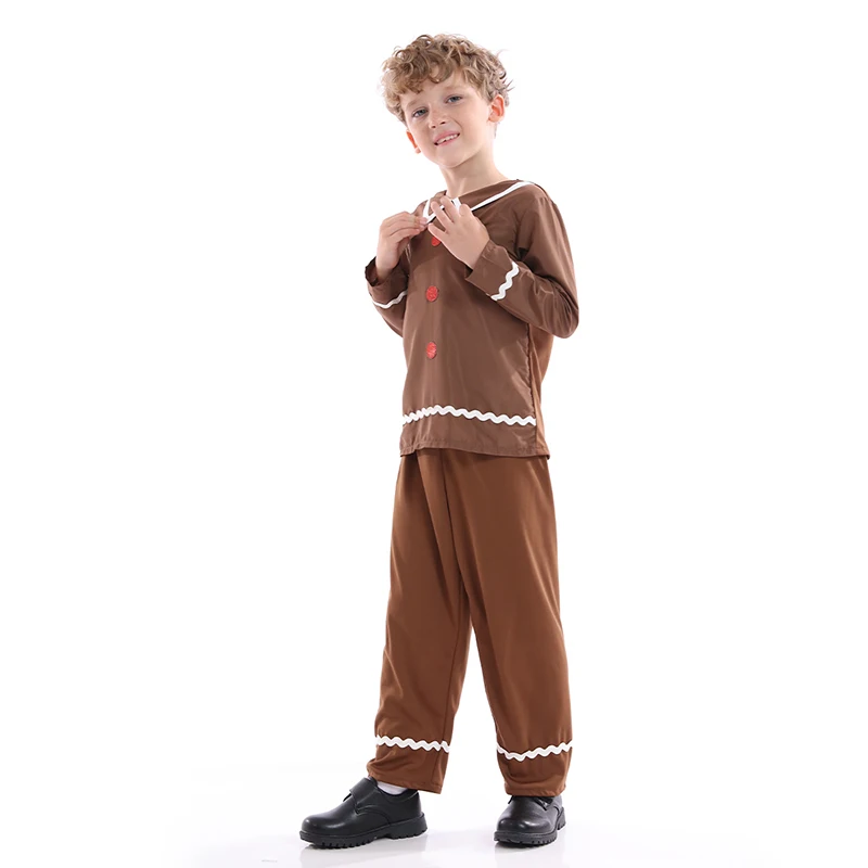 Kids Gingerbread Man Costume For Christmas Brown Gingerbread Elves Costume Boys For Party Cosplay Performance Clothes