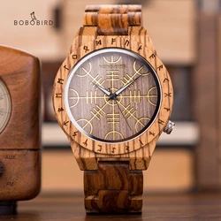 Wooden Mens Watch BOBO BIRD Unique Runic Circle Wristwatch Golden Symbol of Vegvisir Clock Lightweight Custom Quartz Timepiece