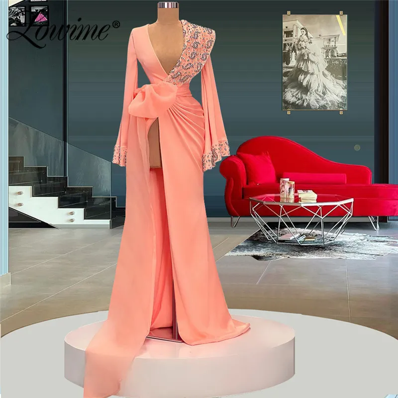 

Lowime Pink Blue V Neck Evening Dresses Crystals Long Dresses Women Party Night Prom Dress Sexy High Split Wedding Evening Wear