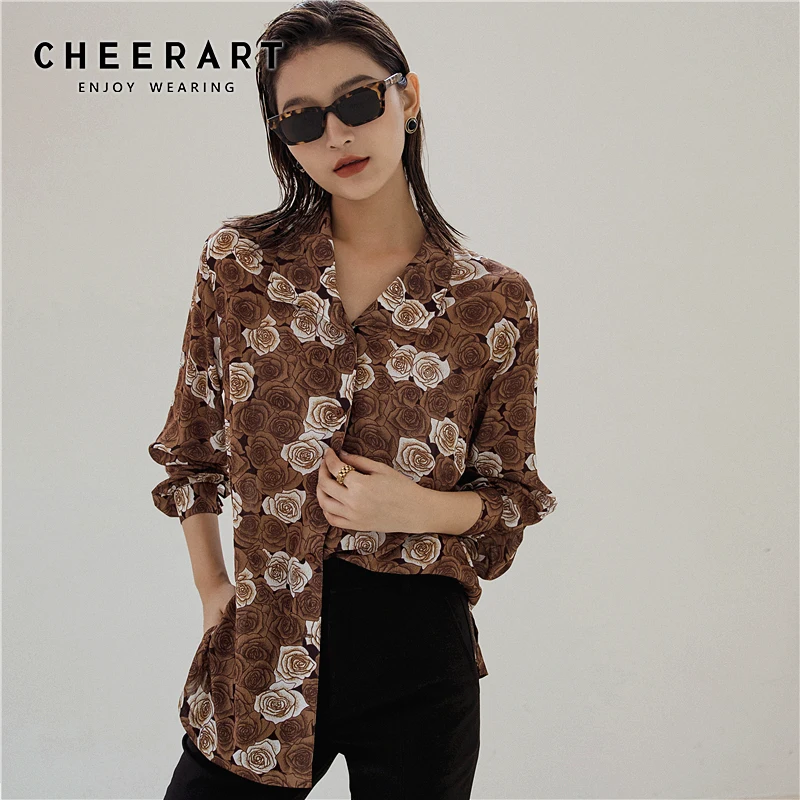 CHEERART Autumn Brown Shirt For Women Long Sleeve Top And Blouse Loose Rose Floral Print Blouse Button Up Collar Shirt Clothes