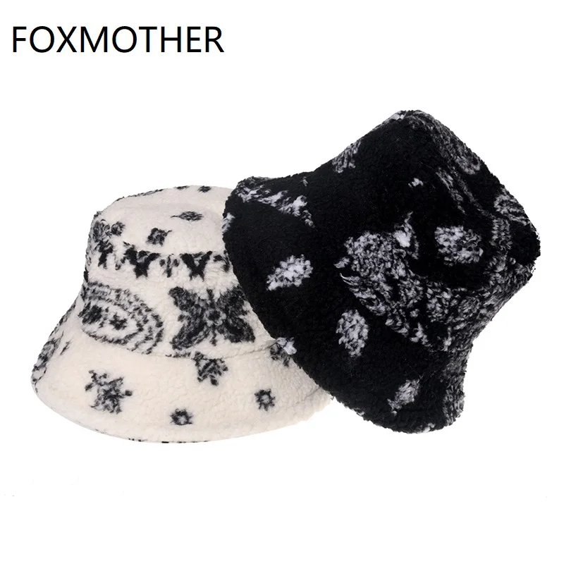 FOXMOTHER Warm Bucket Hats Black White Winter Outdoor Gorros Panama Lamb Faux Fur Fluffy Paisley Fisherman Caps Mens Hip Hop