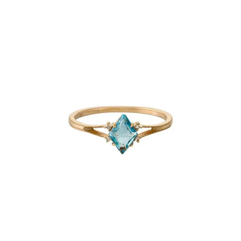 

New design silver inlaid natural diamond faceted sky blue crystal gold ladies ring opening adjustable fresh charm jewelry