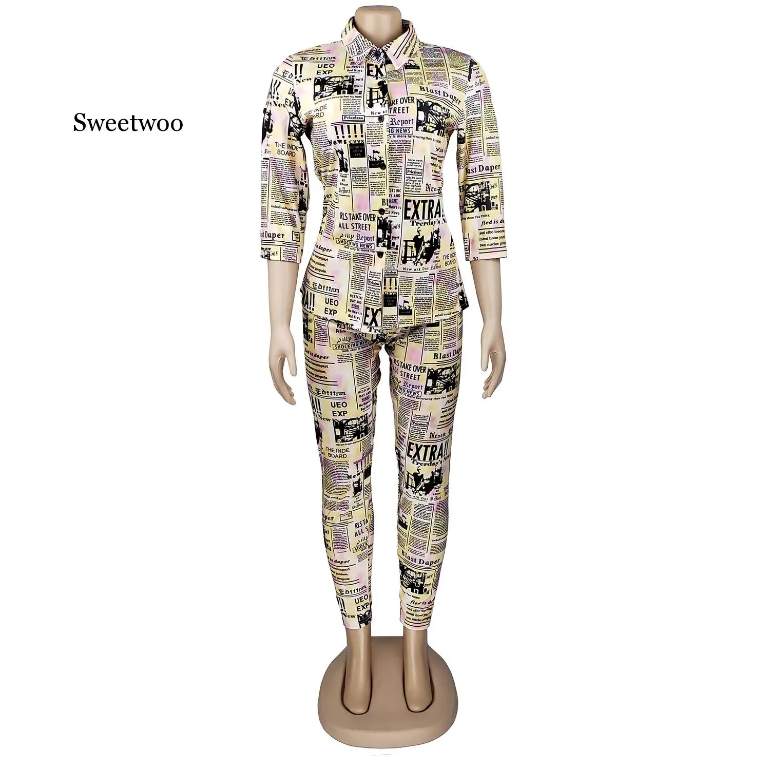 Women Two Piece Outfits Newspaper Printing Fashion Turn-down Collar Tracksuit For Women