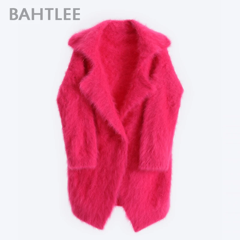 BAHTLEE-Knitted Cardigans with Pocket for Women, Angora Coat, Long Sleeves, Wool Jumper, Turn Down Collar, Winter