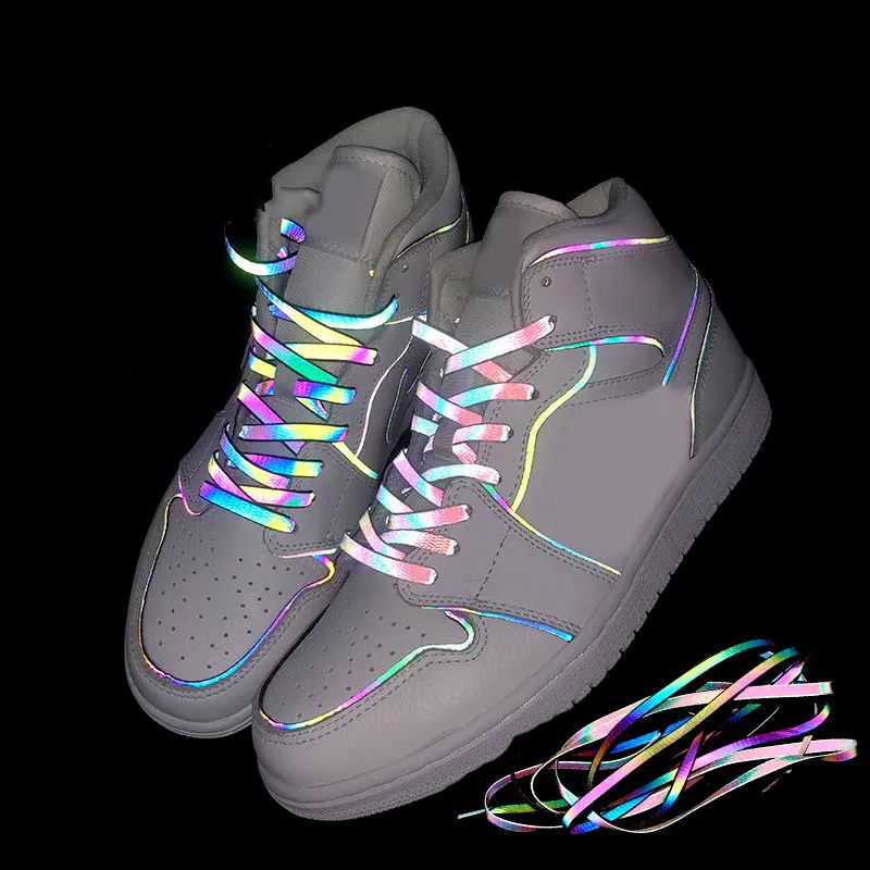 New Holographic Reflective Shoelaces Double-sided Reflective High-bright Reflective Flat Laces Sneakers Shoe Laces 120/140/160cm