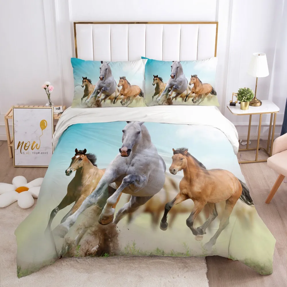 

3D Duvet Quilt Cover Set Bedding Sets Comforter Pillowcase Bed Linen King Queen Full Single Size White Animal Horse Home Texitle