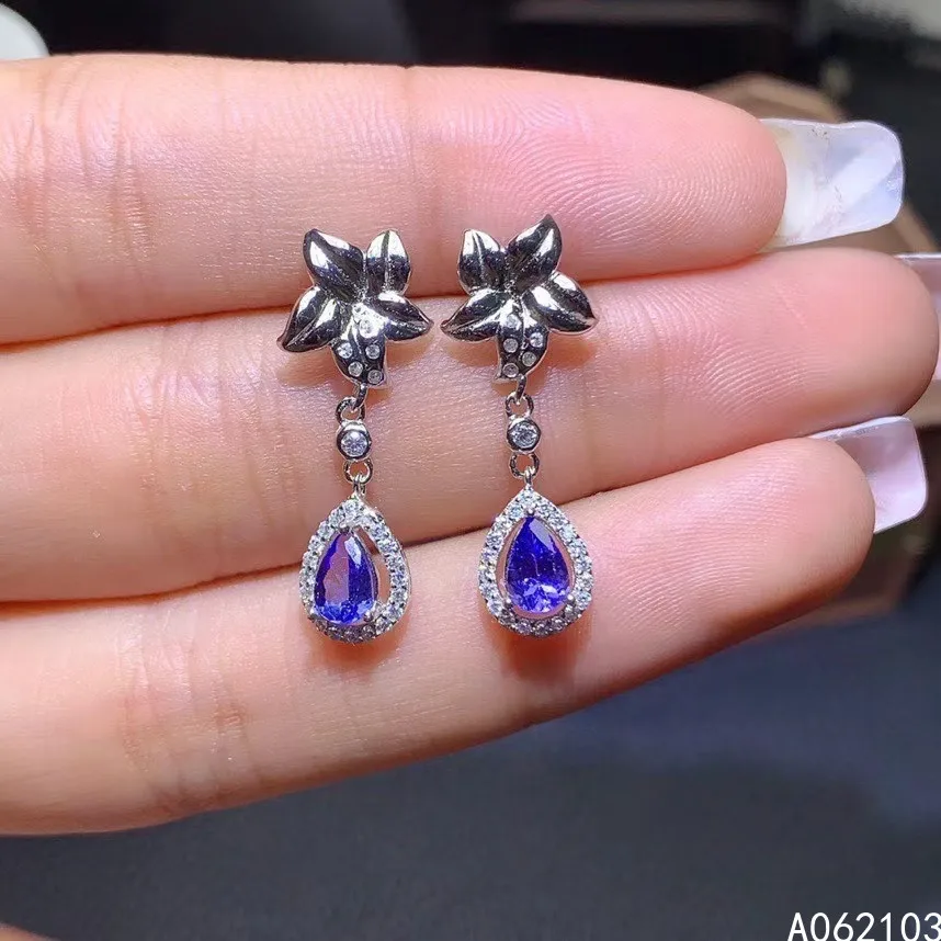 

KJJEAXCMY 925 sterling silver inlaid natural Tanzanite Girl elegant lovely water drop plant gem earring ear stud support detecti